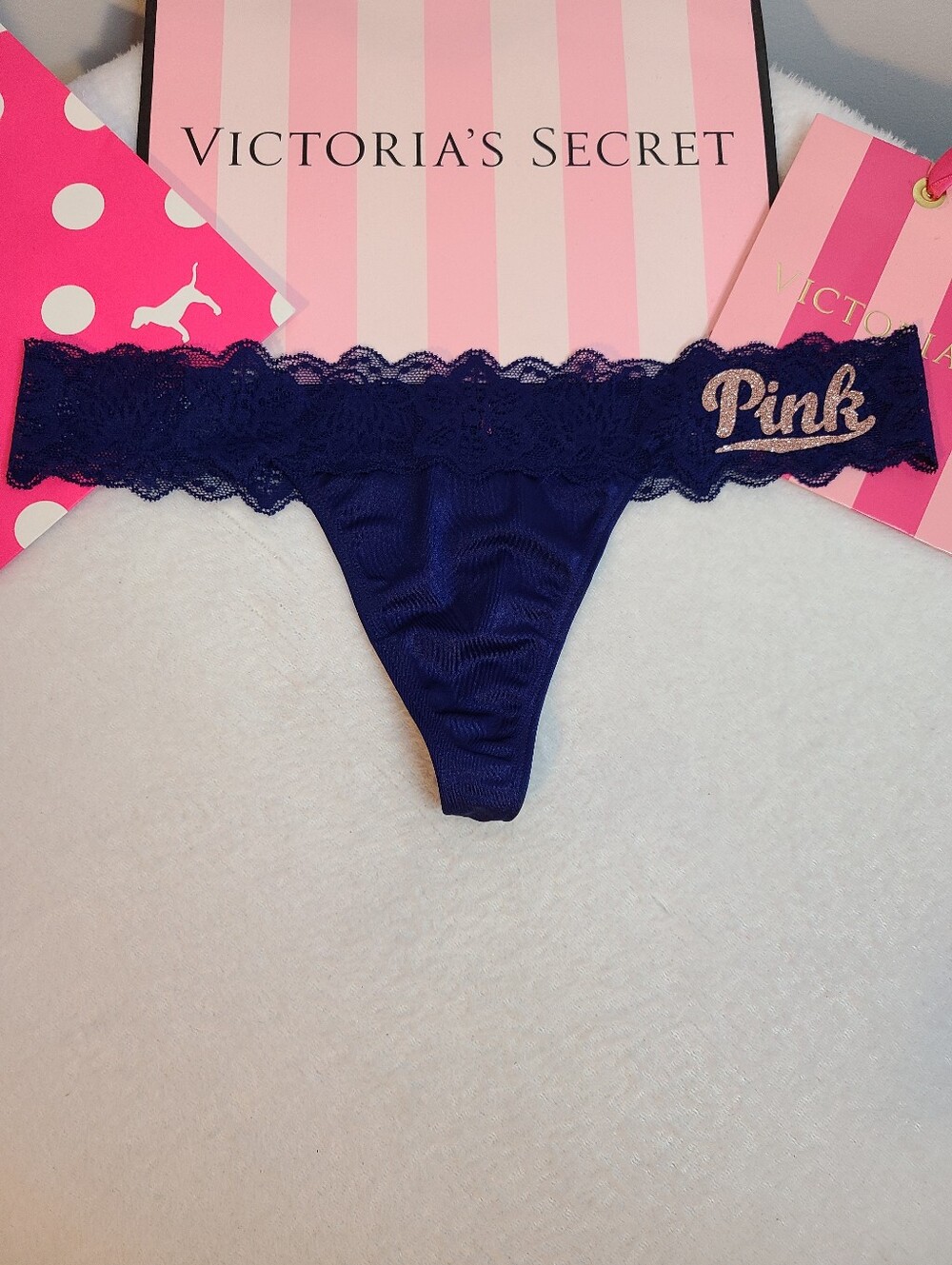 Rare Retired VS PINK Silky Satin Glitter Lace Waist Classic Thong Panty Size M